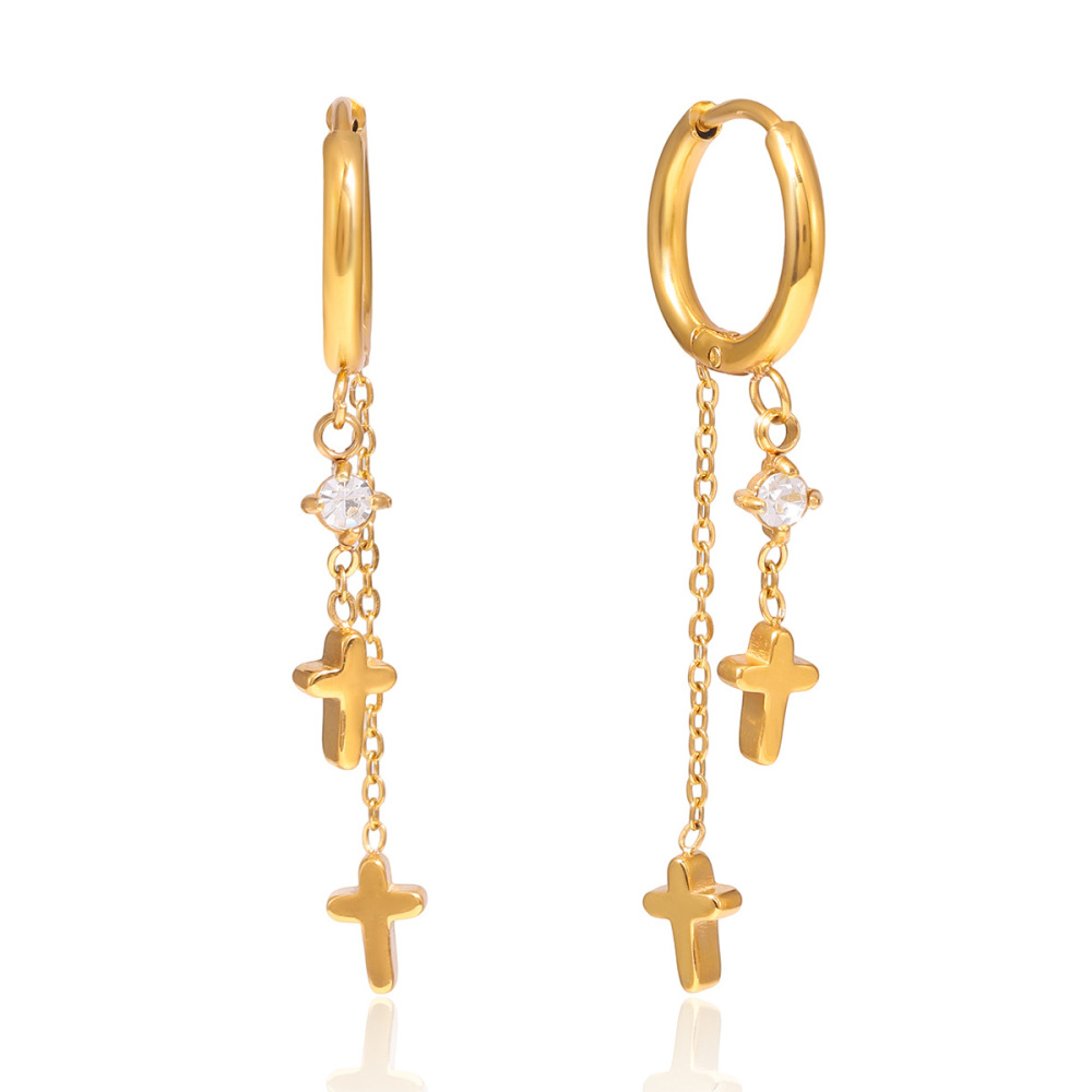 Boucles D'Oreilles Pendantes Pour Femme, Ornées D'Une Croix Et D'Un Pompon En Forme De Lune, En Acier Inoxydable Doré, Imperméables Et Anti-Ternissement.