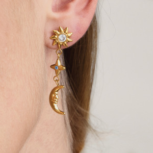 Boucles D'Oreilles Rétro Soleil, Étoile Et Lune En Acier Inoxydable Doré Avec Zircon, Imperméables Et Anti-Ternissement h5 Image4