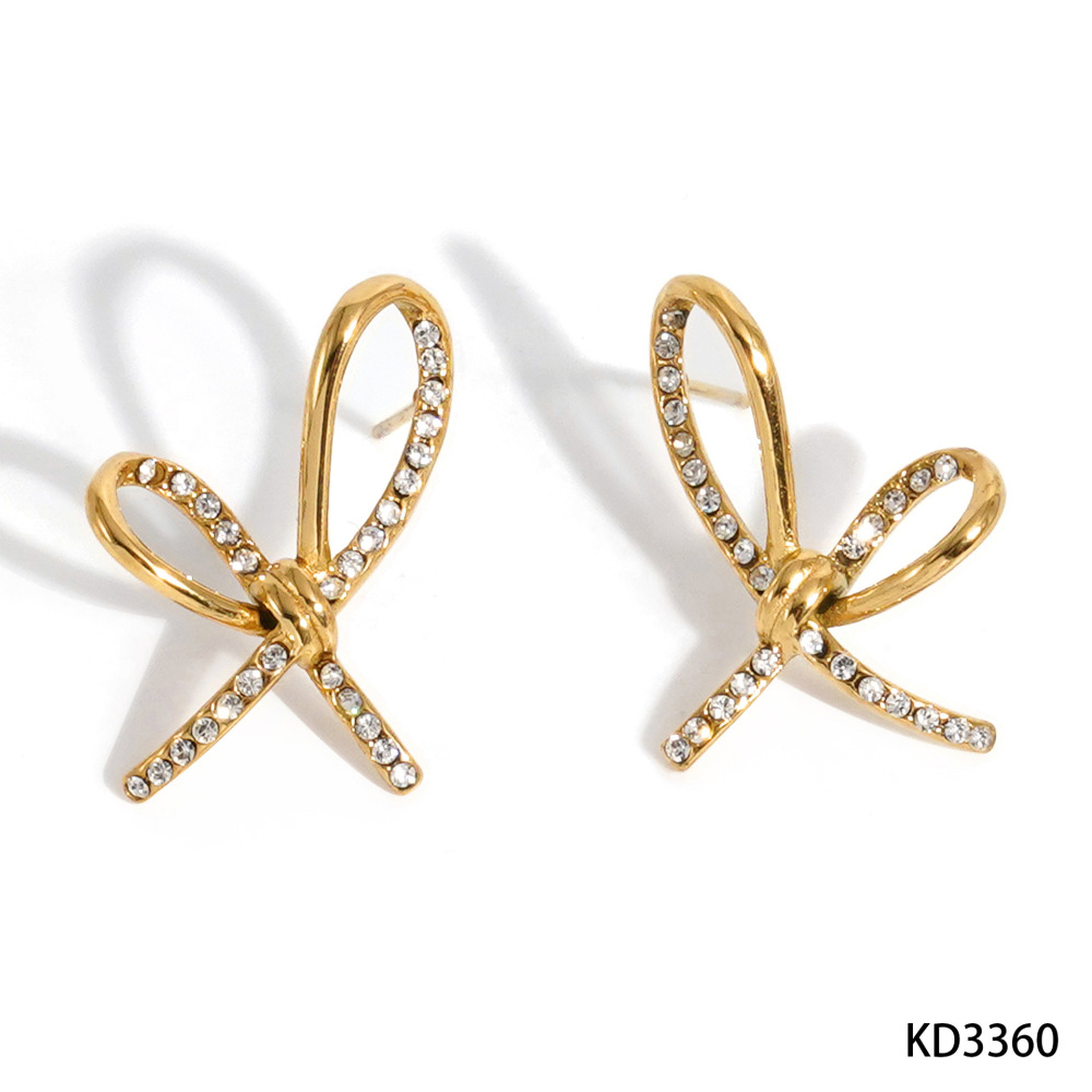 Boucles D'Oreilles Puces Élégantes Pour Femmes, En Acier Inoxydable Imperméable, Couleur Or, Avec Nœud Papillon Et Zircon.