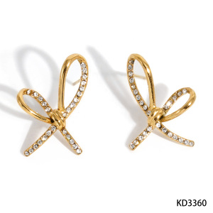 Boucles D'Oreilles Puces Élégantes Pour Femmes, En Acier Inoxydable Imperméable, Couleur Or, Avec Nœud Papillon Et Zircon. h5