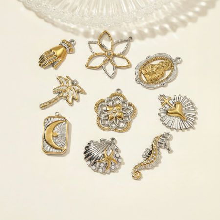 Pendentif femme étanche en acier inoxydable, motif floral, couleurs or et argent mélangées 2