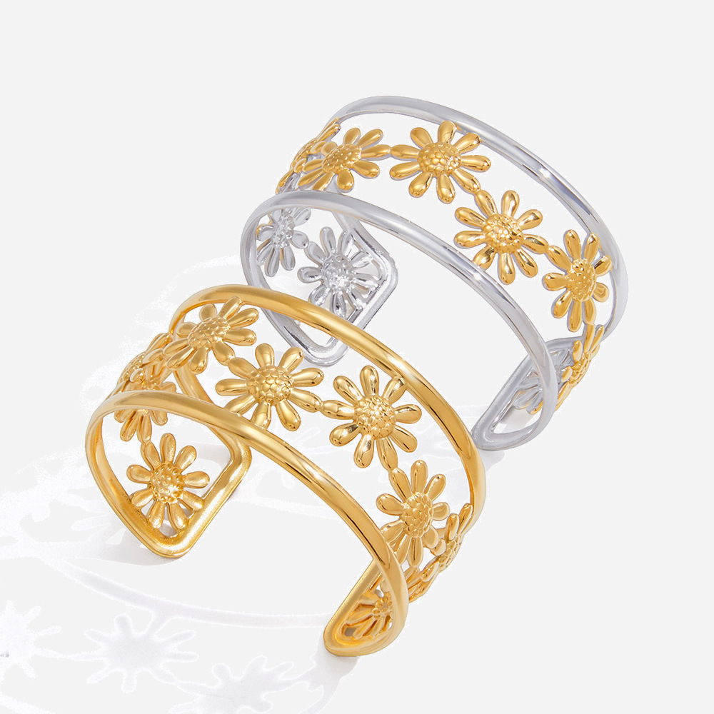 Bracelets Manchettes Classiques Daisy En Acier Inoxydable, Imperméables Et Anti-Ternissement, Aux Couleurs Or Et Argent. Image7
