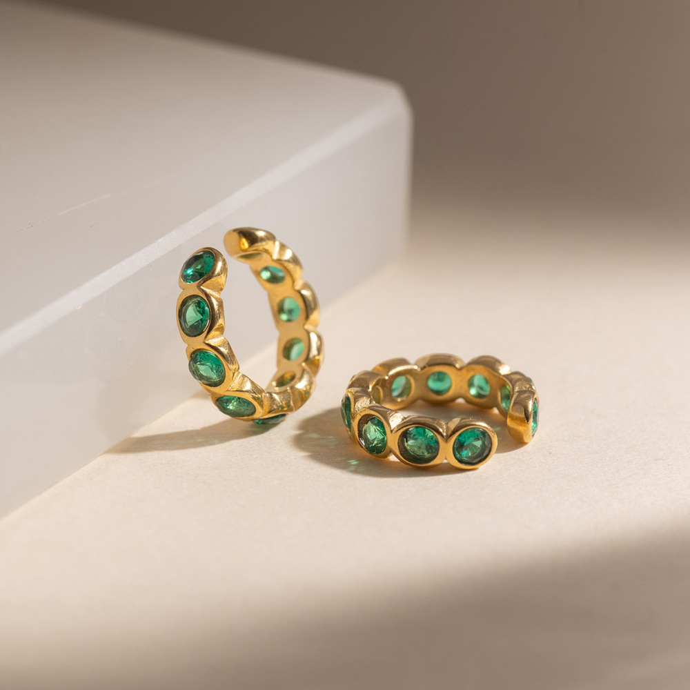 Boucles D'Oreilles Manchette Pour Femmes En Acier Inoxydable Doré, Ornées D'Un Zircon Vert Audacieux, Imperméables Et Anti-Ternissement Image3