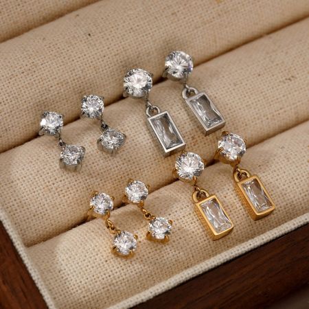 Boucles d'oreilles pendantes pour femme, simples, rectangulaires, en acier inoxydable, étanches, couleur or, avec zircon.