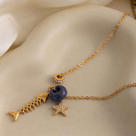Colliers Pendentifs Femme En Acier Inoxydable Doré Avec Pierre Naturelle, Motif Arête De Poisson, Imperméables Et Anti-Ternissement