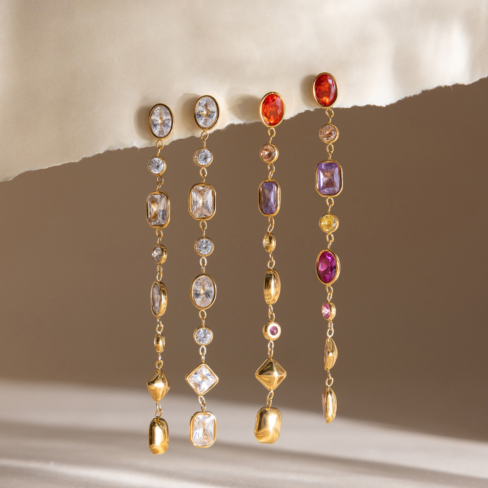 Boucles D'Oreilles De Soirée Pour Femmes, En Acier Inoxydable Doré, Polychromes, En Forme De Zircon Géométrique, Imperméables Et Anti-Ternissement Image6