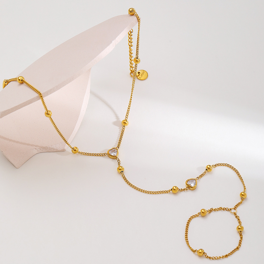 Ensembles De Bijoux Pour Femmes : Chaîne Sweet Heart En Acier Inoxydable Étanche Couleur Or Avec Zircon, Collection Romantique Image3
