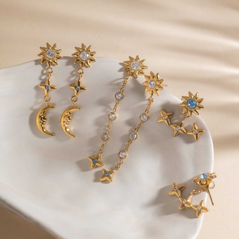 Boucles D'Oreilles Rétro Soleil, Étoile Et Lune En Acier Inoxydable Doré Avec Zircon, Imperméables Et Anti-Ternissement Image6