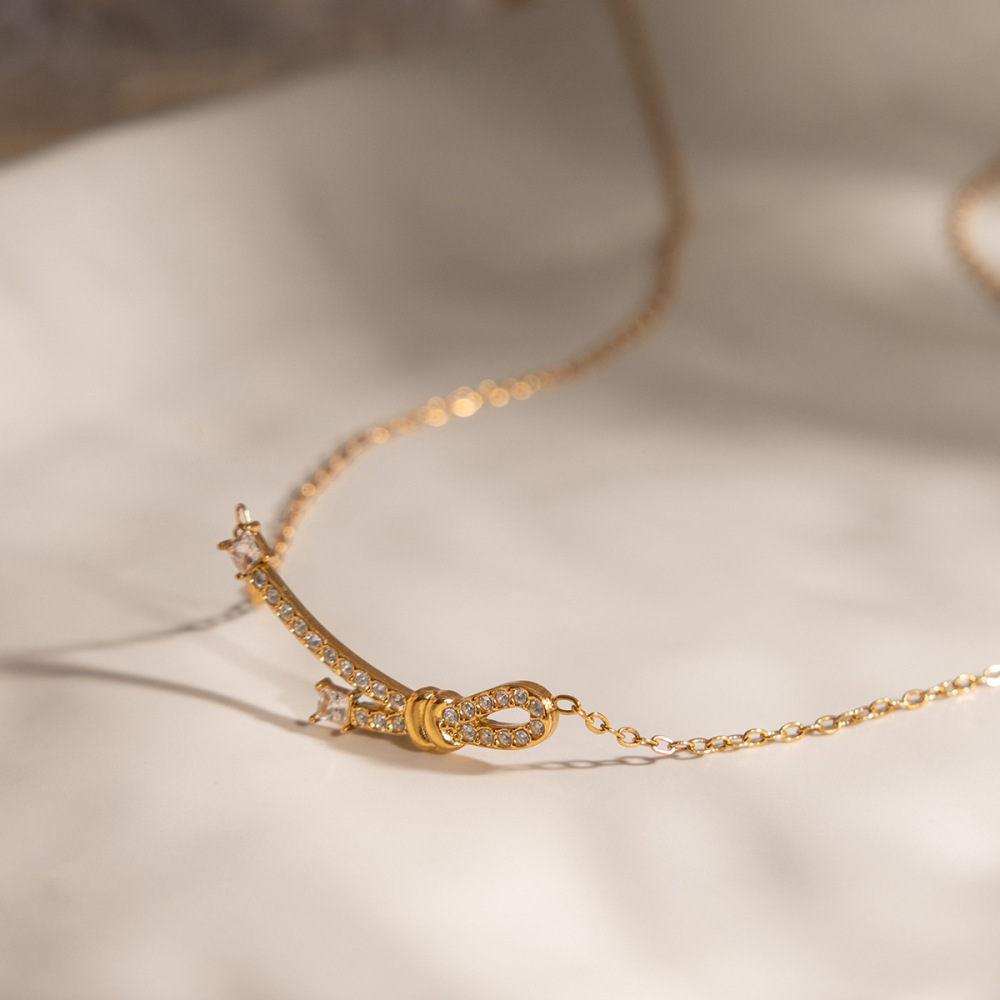 Collier Pendentif Sophistiqué Pour Femme, En Acier Inoxydable Doré, Avec Nœud Papillon, Imperméable Et Anti-Ternissement Image5
