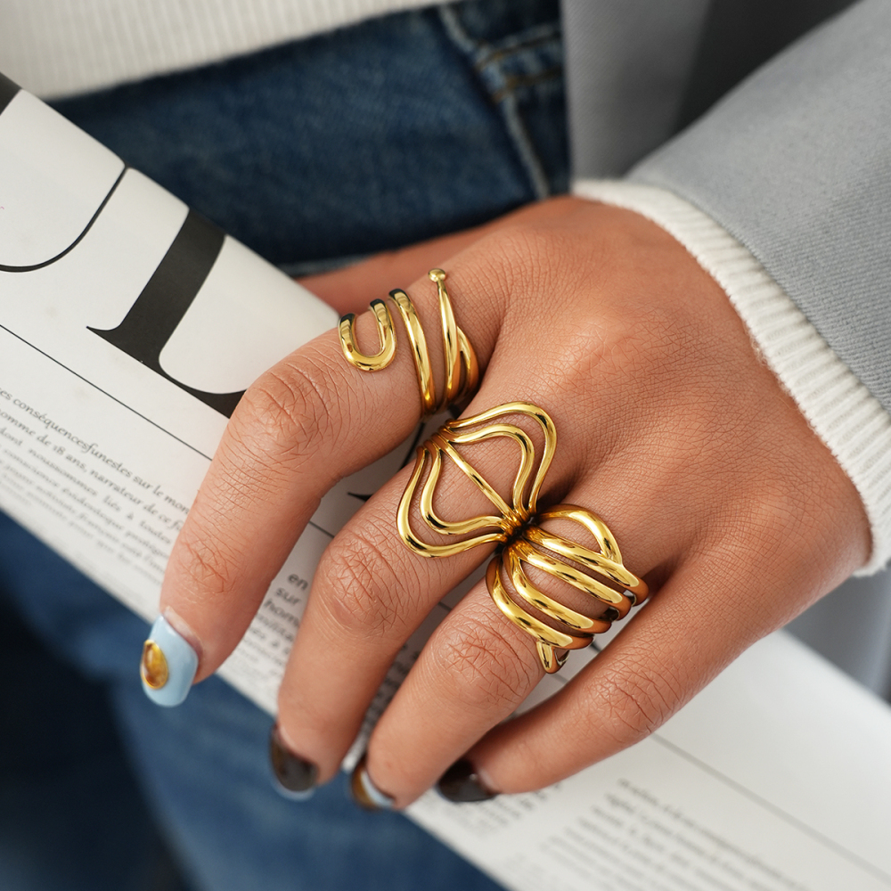 Bagues Tendance Pour Femmes, En Acier Inoxydable, Couleur Or, Forme Irrégulière, Étanches. Image2