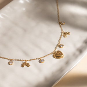 Ensembles De Bijoux Pour Femmes En Acier Inoxydable Doré Avec Nœud Papillon Et Motif Cœur, Imperméables Et Anti-Ternissement h5 Image6