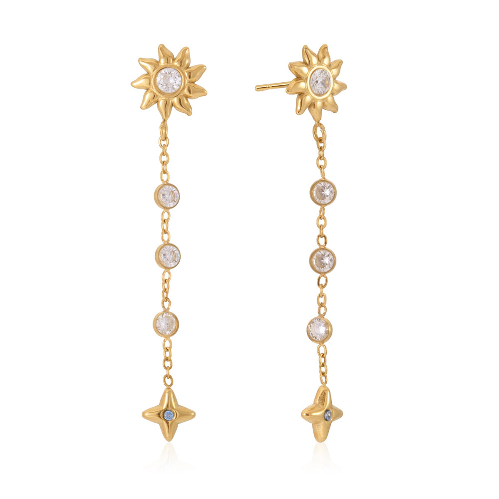 Boucles D'Oreilles Rétro Soleil, Étoile Et Lune En Acier Inoxydable Doré Avec Zircon, Imperméables Et Anti-Ternissement 