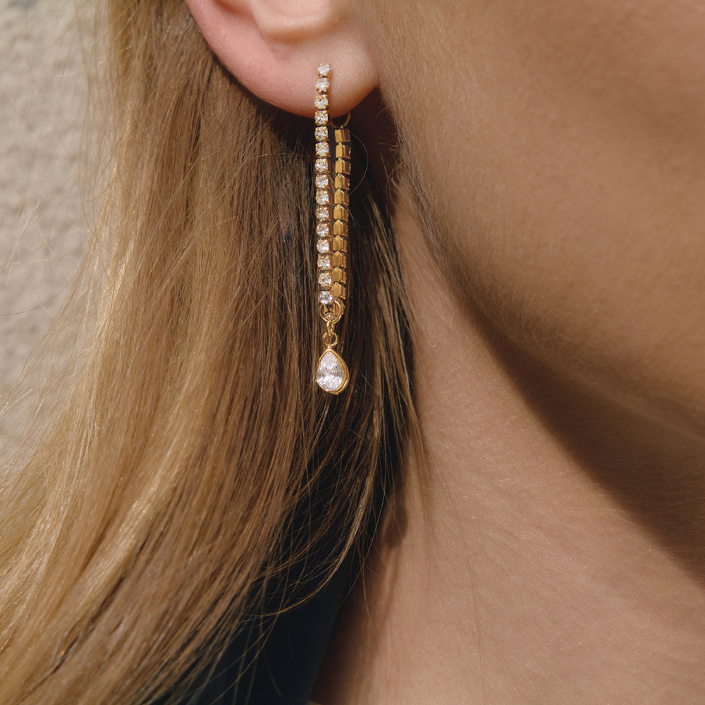 Boucles D'Oreilles Délicates En Forme De Goutte, En Acier Inoxydable Doré Avec Zircon, Imperméables Et Anti-Ternissement, Parfaites Pour Les Soirées. Image3