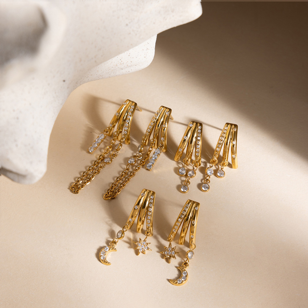 Boucles D'Oreilles Pendantes Pour Femmes, En Acier Inoxydable Doré Avec Zircon, Ornées D'Un Soleil Et D'Une Lune Éclatants, Étanches Et Anti-Ternissement. Image6