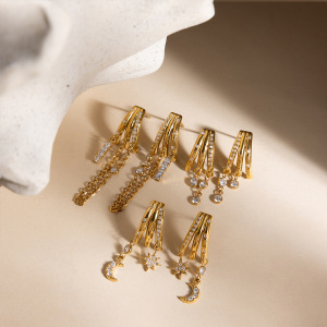 Boucles D'Oreilles Pendantes Pour Femmes, En Acier Inoxydable Doré Avec Zircon, Ornées D'Un Soleil Et D'Une Lune Éclatants, Étanches Et Anti-Ternissement. h5 Image6
