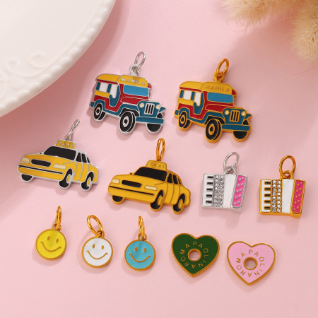 Pendentif unisexe Simple Series Daily Heart avec visage souriant, en acier inoxydable, couleur or, or, strass. 2