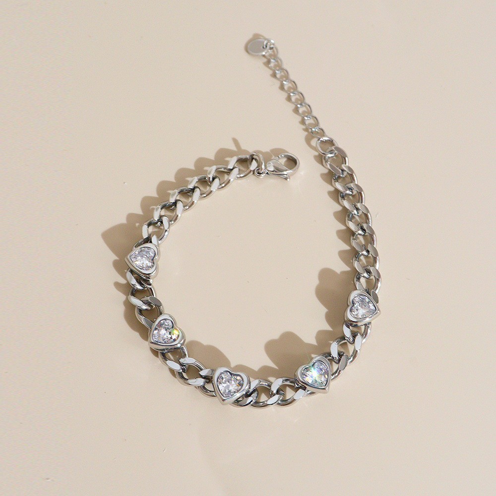 Bracelet Chaîne Femme En Acier Inoxydable, Imperméable, Couleur Or, Avec Zircon Et Motif Cœur Simple