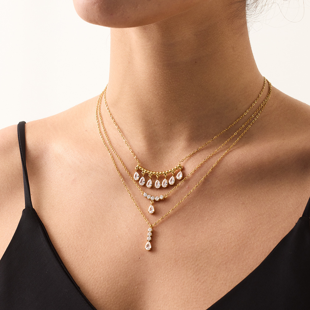 Colliers Pendentifs Pour Femmes, Série Luxueuse, Élégants, En Forme De Goutte, En Acier Inoxydable Étanche, Couleur Or, Avec Zircon. Image2