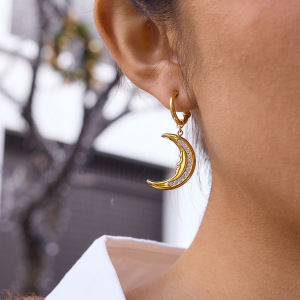Boucles D'Oreilles Pendantes Pour Femmes Classic Moon En Acier Inoxydable Doré, Imperméables Et Anti-Ternissement h5 Image4