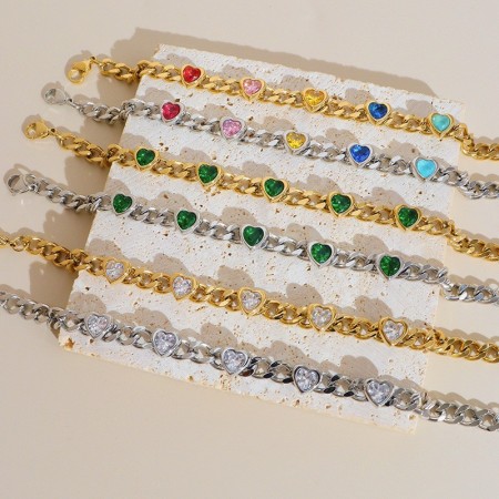 Bracelet chaîne femme en acier inoxydable, imperméable, couleur or, avec zircon et motif cœur simple
