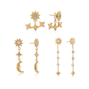Boucles D'Oreilles Rétro Soleil, Étoile Et Lune En Acier Inoxydable Doré Avec Zircon, Imperméables Et Anti-Ternissement h5 Image8