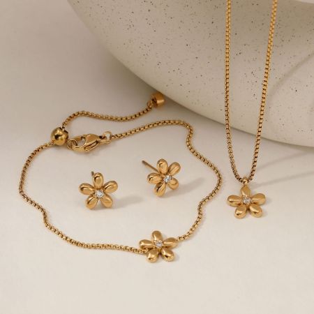 Ensembles de colliers pour femmes Sweet Flower en acier inoxydable étanche couleur or