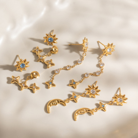 Boucles d'oreilles rétro soleil, étoile et lune en acier inoxydable doré avec zircon, imperméables et anti-ternissement