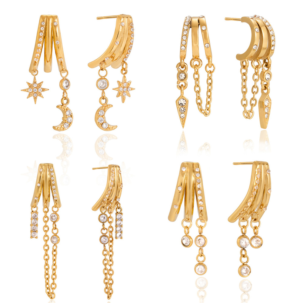 Boucles D'Oreilles Pendantes Pour Femmes, En Acier Inoxydable Doré Avec Zircon, Ornées D'Un Soleil Et D'Une Lune Éclatants, Étanches Et Anti-Ternissement. Image8