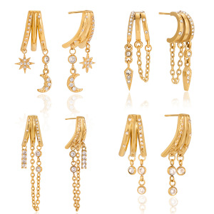 Boucles D'Oreilles Pendantes Pour Femmes, En Acier Inoxydable Doré Avec Zircon, Ornées D'Un Soleil Et D'Une Lune Éclatants, Étanches Et Anti-Ternissement. h5 Image8