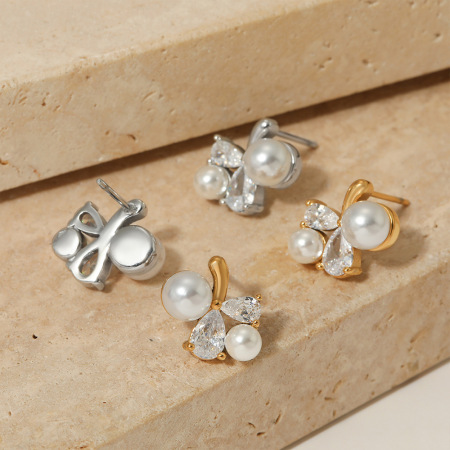 Boucles d'oreilles puces pour femme, style romantique et élégant, en acier inoxydable, étanches, couleur or, avec zircon. 2