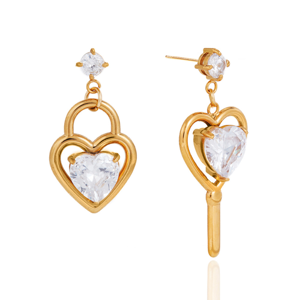 Boucles D'Oreilles Pendantes Pour Femme, En Acier Inoxydable Doré, Forme Cœur Romantique, Zircon, Étanches Et Anti-Ternissement. Image6