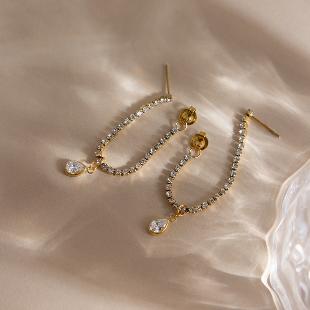 Boucles D'Oreilles Délicates En Forme De Goutte, En Acier Inoxydable Doré Avec Zircon, Imperméables Et Anti-Ternissement, Parfaites Pour Les Soirées. Image6