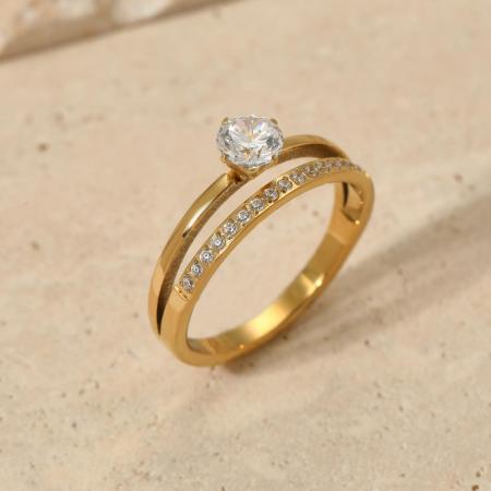 Bagues pour femmes luxueuses et élégantes, rondes, en acier inoxydable étanche, couleur or, serties de zircon. 2