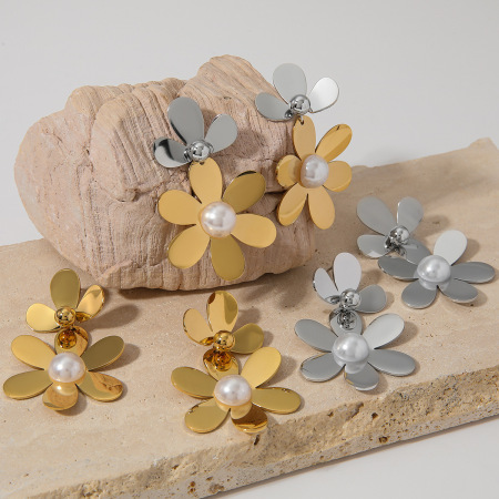 Boucles d'oreilles pendantes pour femme, collection romantique Sweet Flower, en acier inoxydable étanche, couleur or