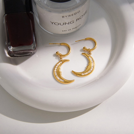 Boucles d'oreilles pendantes pour femmes Classic Moon en acier inoxydable doré, imperméables et anti-ternissement 2
