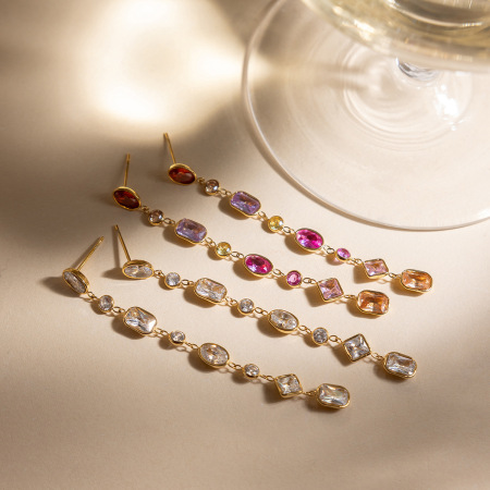 Boucles d'oreilles de soirée pour femmes, en acier inoxydable doré, polychromes, en forme de zircon géométrique, imperméables et anti-ternissement