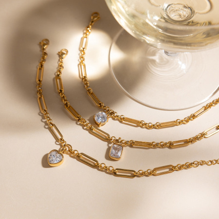 Bracelets à breloques pour femmes, en acier inoxydable doré, avec zircon, forme géométrique brillante, étanches et anti-ternissement