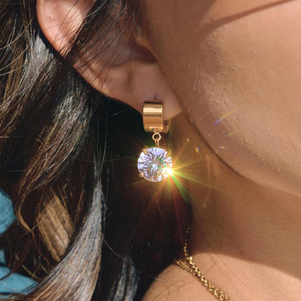 Boucles D'Oreilles Pendantes Rectangulaires Pour Femmes, En Acier Inoxydable Doré Avec Zircon, Imperméables Et Anti-Ternissement. Image3