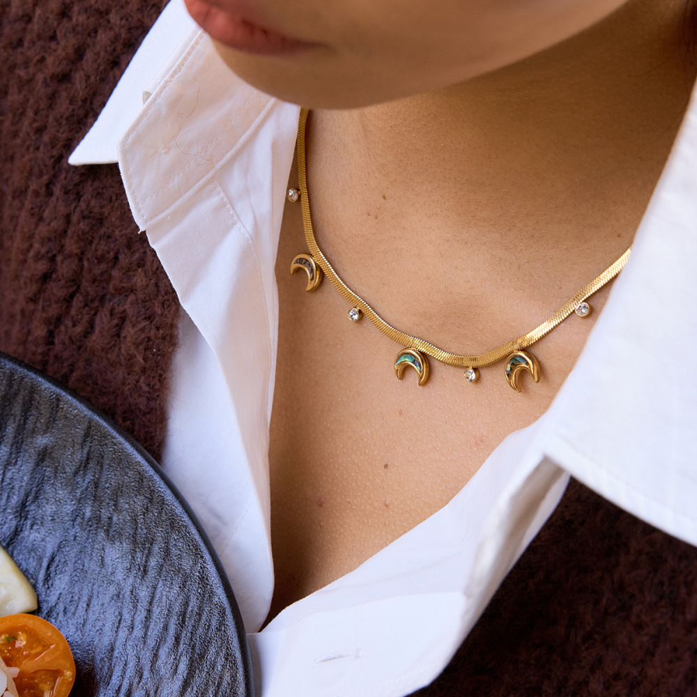 Colliers Pendentifs Pour Femmes En Acier Inoxydable Doré, Motif Lune Et Coquillage Rétro, Étanches Et Anti-Ternissement Image5