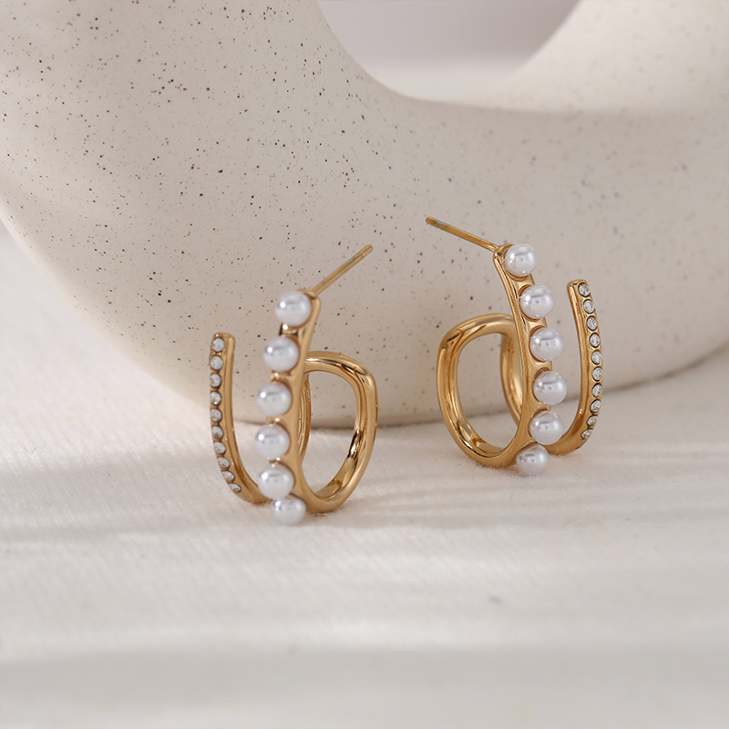 Boucles D'Oreilles Puces Rétro Rondes En Acier Inoxydable, Imperméables, Couleur Or, Avec Perles Artificielles. Image3
