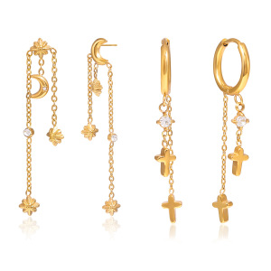 Boucles D'Oreilles Pendantes Pour Femme, Ornées D'Une Croix Et D'Un Pompon En Forme De Lune, En Acier Inoxydable Doré, Imperméables Et Anti-Ternissement. h5 Image7
