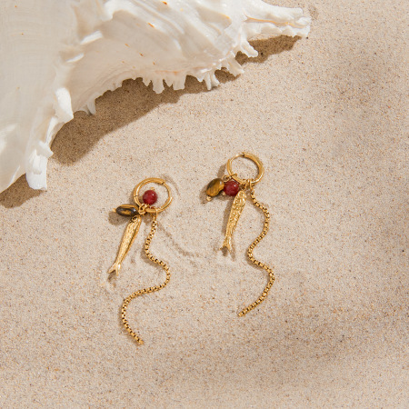 Boucles d'oreilles pendantes pour femme, style vintage, en acier inoxydable doré, imperméables et anti-ternissement, motif poisson à chaîne.