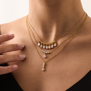 Colliers Pendentifs Pour Femmes, Série Luxueuse, Élégants, En Forme De Goutte, En Acier Inoxydable Étanche, Couleur Or, Avec Zircon. h5 Image4
