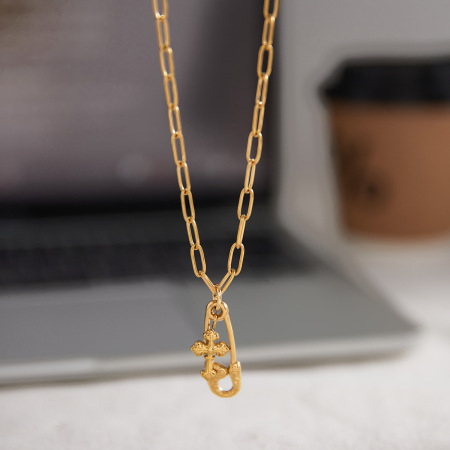 Collier pendentif croix trombone en acier inoxydable doré, imperméable et anti-ternissement pour femme