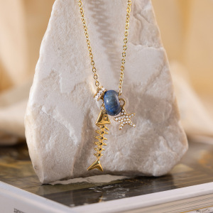 Colliers Pendentifs Femme En Acier Inoxydable Doré Avec Pierre Naturelle, Motif Arête De Poisson, Imperméables Et Anti-Ternissement h5 Image5
