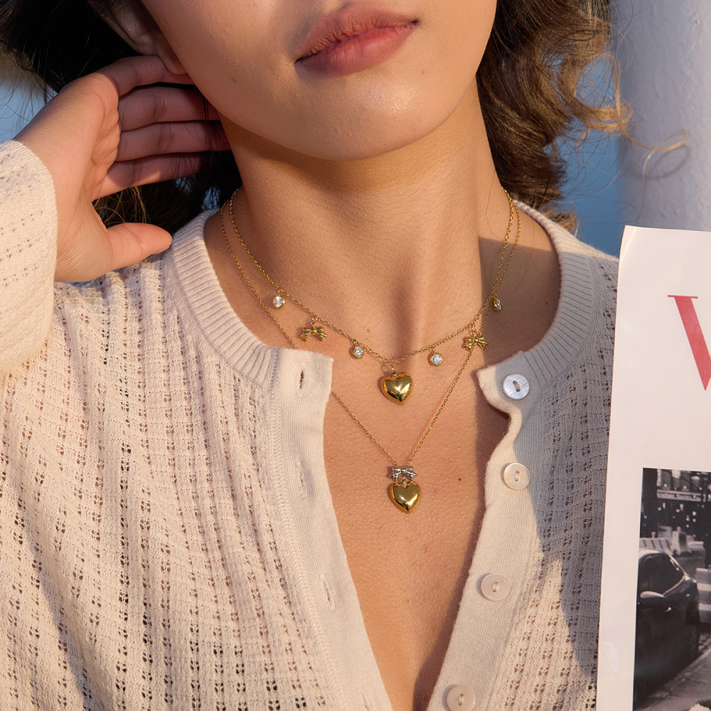 Ensembles De Bijoux Pour Femmes En Acier Inoxydable Doré Avec Nœud Papillon Et Motif Cœur, Imperméables Et Anti-Ternissement Image4