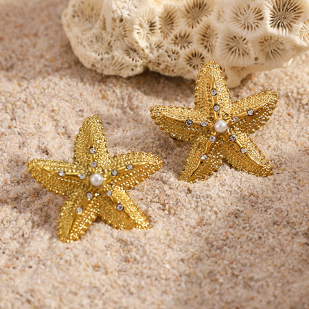 Boucles d'oreilles puces pour femmes, collection romantique, motif étoile de mer, en acier inoxydable étanche, couleur or. 2