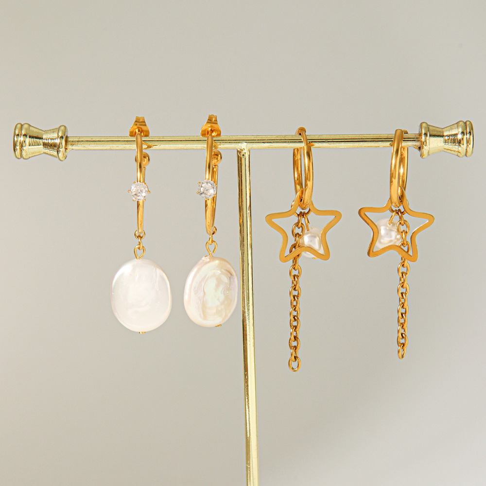 Boucles D'Oreilles Pendantes Daily Tassel Star En Acier Inoxydable, Imperméables, Couleur Or, Avec Perles, Pour Femmes Image4
