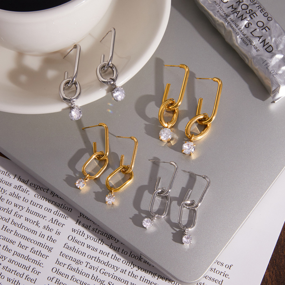 Boucles D'Oreilles Pendantes Pour Femme, Simples Et Rondes, En Acier Inoxydable, Étanches, Couleur Or, Avec Zircon. Image5