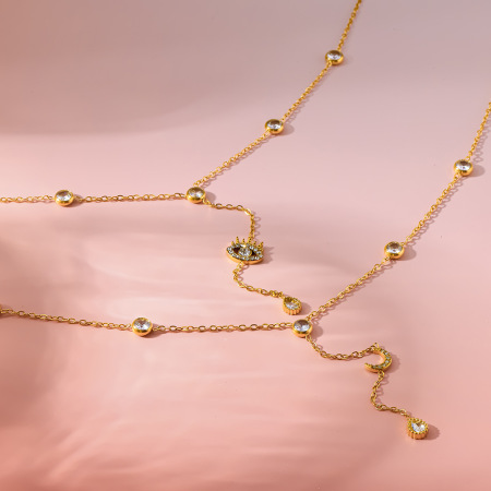 Colliers pendentifs pour femmes, luxueux et élégants, en acier inoxydable, couleur or, ornés d'un zircon et d'un œil de diable en forme de lune. 2